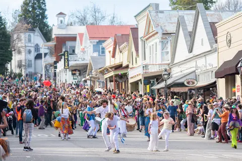 A lively street scene filled with a large crowd of people walking and performing during an event.