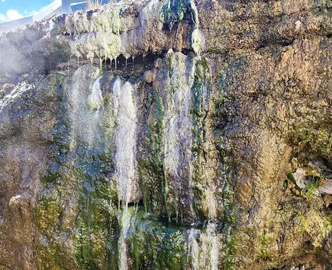 Water trickles down a rocky, mineral-stained formation covered in algae.