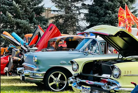 Classic cars on display at an outdoor event with hoods open.