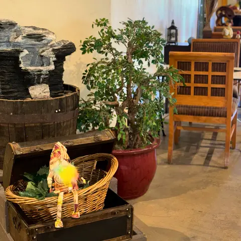 A decorative indoor scene features a small waterfall fountain, potted plant, and wicker basket with a plush figure.