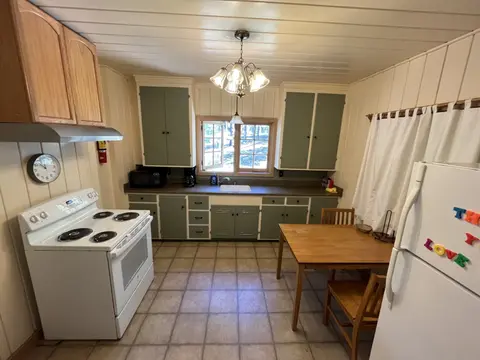 An interior view of a retro-style kitchen with green cabinets and a dining table.