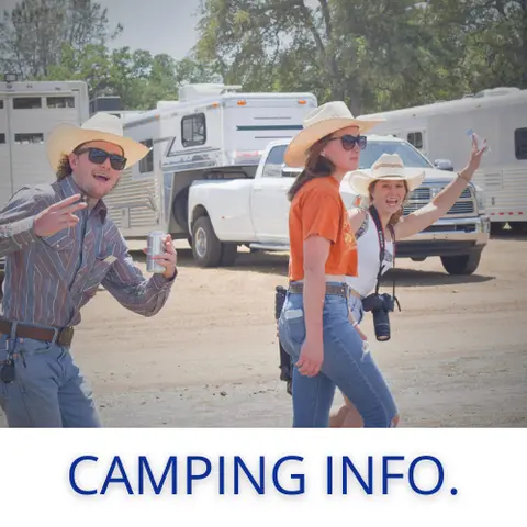 Three people wearing cowboy hats pose outdoors in front of RVs and trucks.