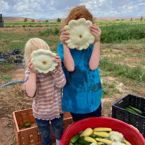 Two children hold up squash in front of their faces on a farm.