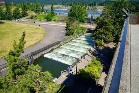 High angle view of a fish ladder next to a river with people looking down into the water.