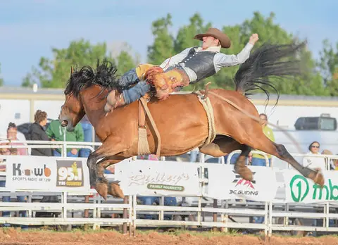 A cowboy rides a bucking horse in an arena.