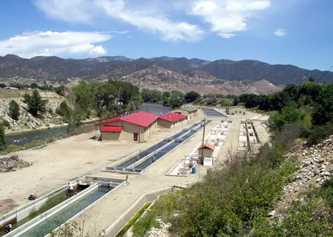 An elevated view of an outdoor fish hatchery with long raceways and surrounding mountains.