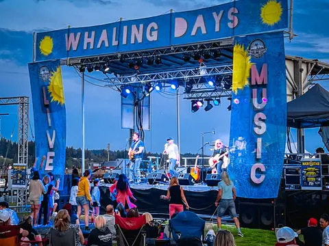 A band performs on an outdoor stage beneath banners while people watch from the lawn.