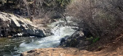 A fast-flowing river rapids surrounded by rocks and sparse trees.