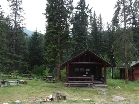 A small log cabin stands surrounded by tall evergreen trees in a forest.
