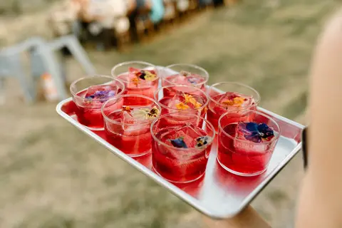 A tray holds small glasses of red drinks with edible flowers frozen in ice cubes.