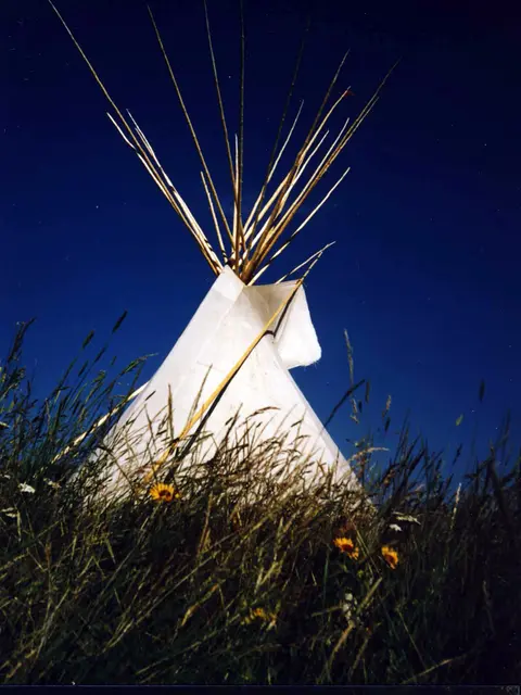 A white teepee stands among tall grass and wildflowers against a deep blue sky.