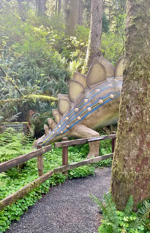 A life-sized model of a stegosaurus stands among trees and ferns by a path.