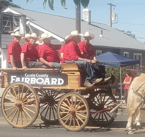 People riding in a horse-drawn wagon during an outdoor event.