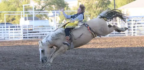 A cowboy rides a bucking horse in a rodeo arena.