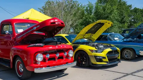 Several classic and modern cars with open hoods parked at an outdoor show.