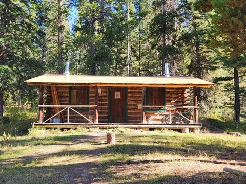 A rustic log cabin stands in a clearing surrounded by tall pine trees.