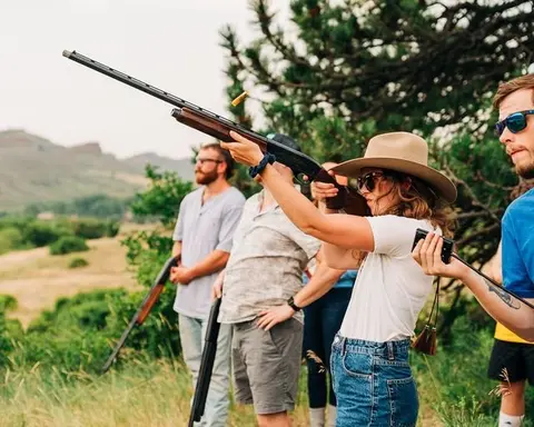 A woman fires a shotgun outdoors while other people watch.