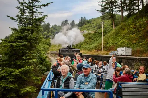 Passengers ride in open-air cars behind a steam train through a forested landscape.