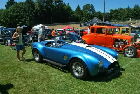 A blue sports car with white stripes parked on the grass at an outdoor car show.