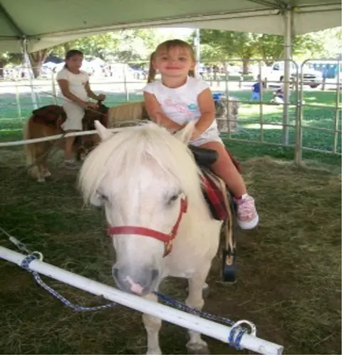 A young girl riding a white pony.