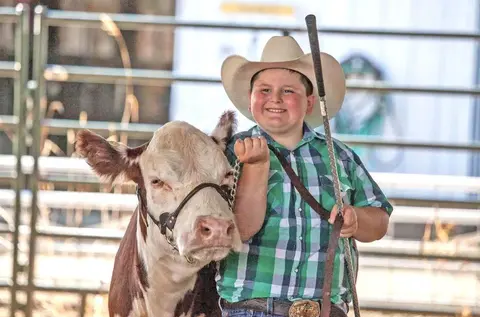 A smiling young boy in a cowboy hat poses with a calf in a pen.