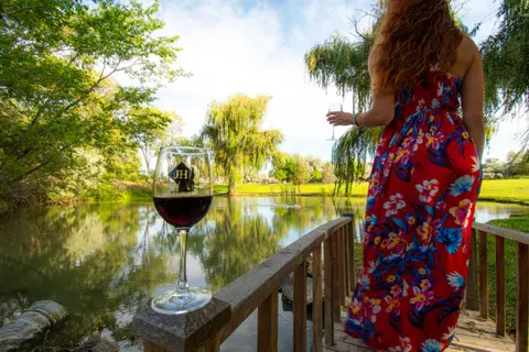 A woman in a red floral dress holds a wine glass near a pond.