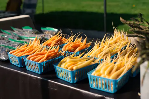 Carrots in blue baskets on a table at an outdoor market.