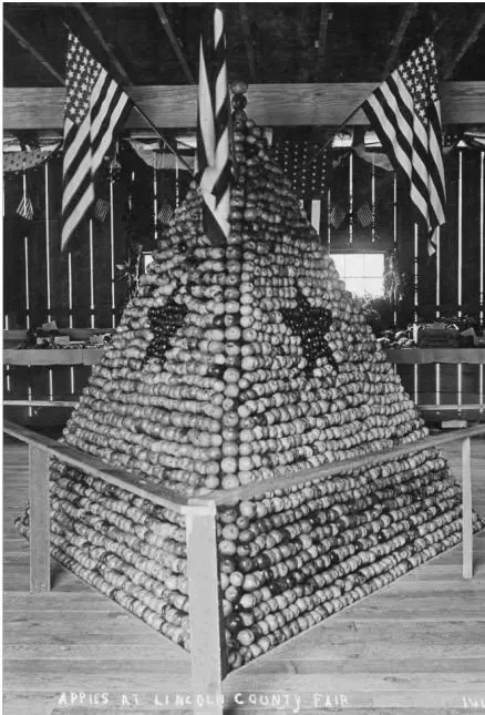 A large pyramid-shaped display of apples at a county fair.