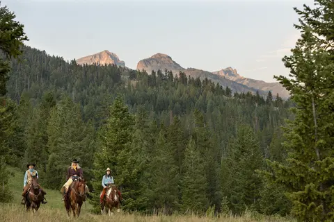 Three people ride horses through a meadow with mountains and a forest in the background.