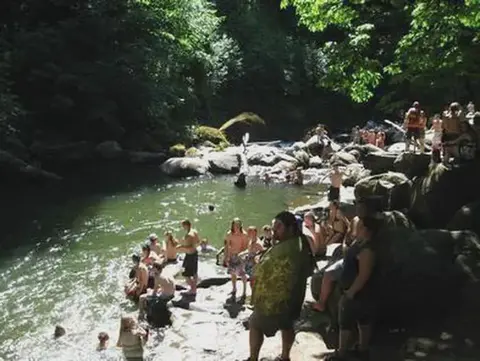 People swim and relax by a rocky river in a wooded area.