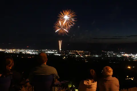 People watch fireworks lighting up the night sky above a distant city.