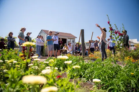 A guide speaks to a group of people gathered in an outdoor garden.