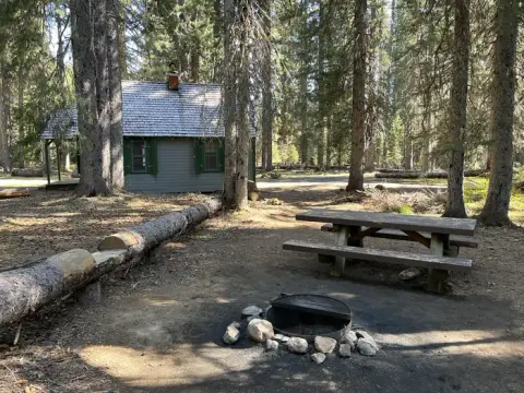 A rustic cabin and picnic table in a wooded area.