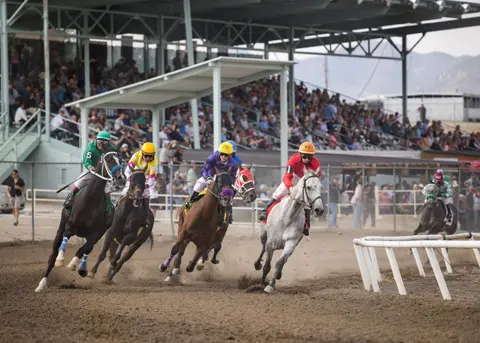 Jockeys race horses on a dirt track in front of a grandstand.