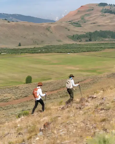 Two hikers walk down a hillside trail in a vast valley.