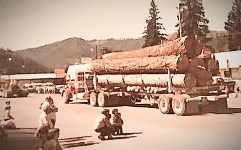A historic photo showing a log truck carrying large logs as people watch.