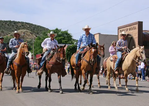 Several people ride horses down a street in a parade.