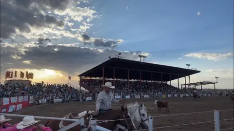 A cowboy on a horse in an arena during a rodeo event.