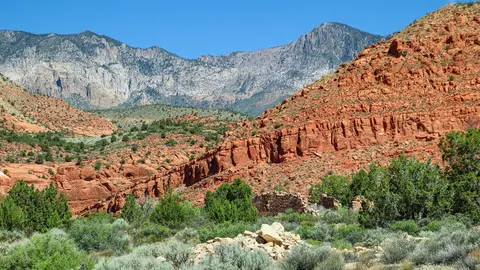 A scenic landscape view of red rock formations, green bushes, and distant mountains under a blue sky.