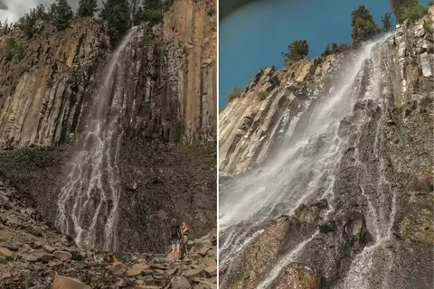 Two side-by-side photos of a tall waterfall cascading down a rocky cliff.