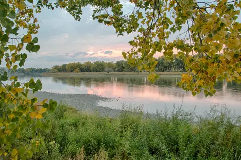 A river flows past grassy banks under a cloudy sky at sunset, framed by autumn leaves.