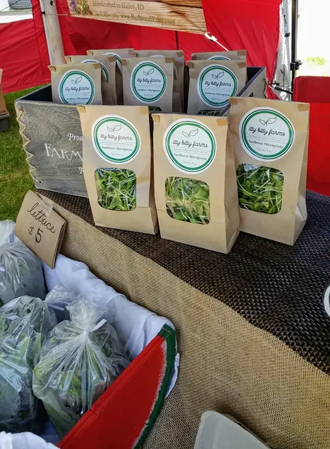 A market stall displaying bags of microgreens and lettuce.