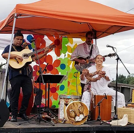 A band performs under an orange canopy.