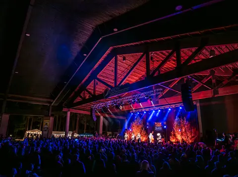A large crowd watches a band perform on stage under a pavilion at night.