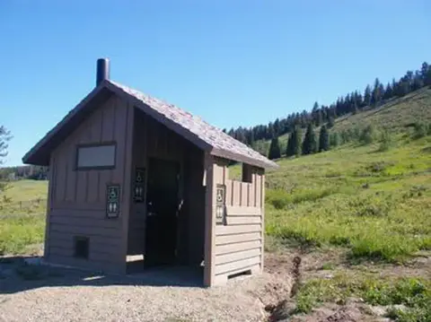 A small wooden outhouse building stands on a grassy hillside under a clear blue sky.