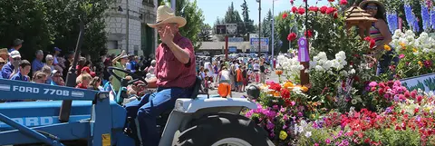 A man in a cowboy hat drives a tractor decorated with flowers in a parade.