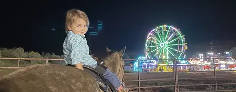 A young child sits on a horse at night with a lit Ferris wheel in the background.