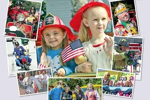 A collage shows photos of children and people participating in a parade or community festival.
