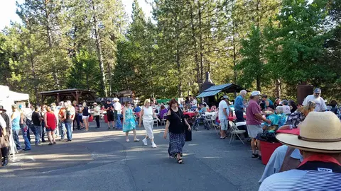 A crowd of people gathers outdoors in a wooded area among trees and buildings.