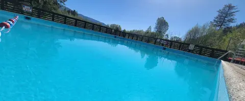 An outdoor swimming pool surrounded by a wooden fence and trees under a clear blue sky.